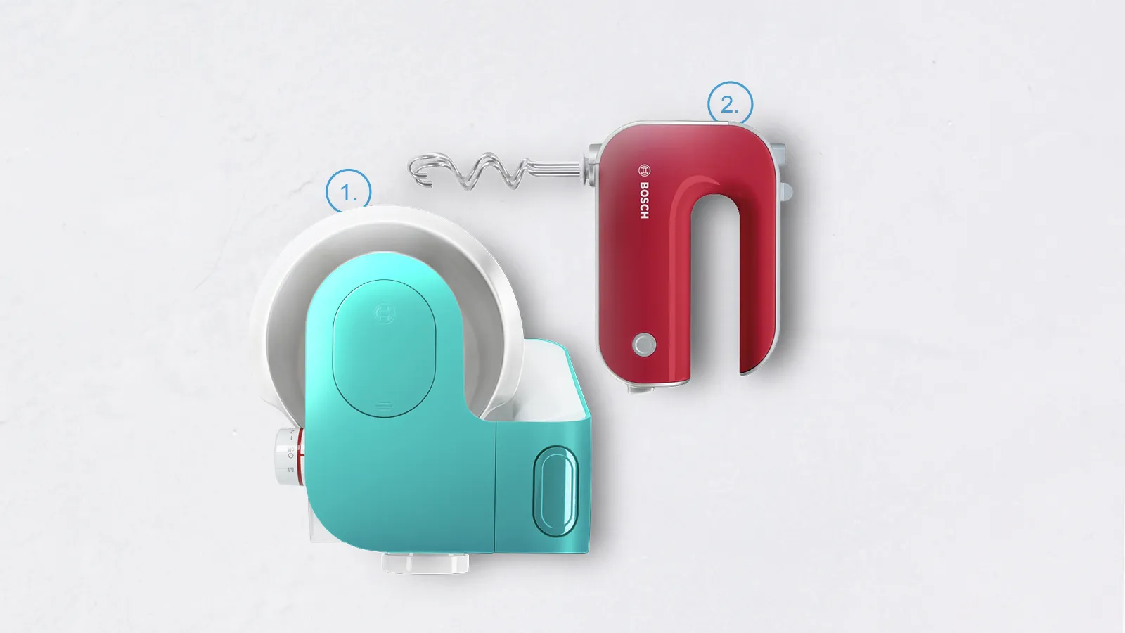 Two compact, colorful electric kitchen tools - a red handheld mixer and a mint green hand-held blender.