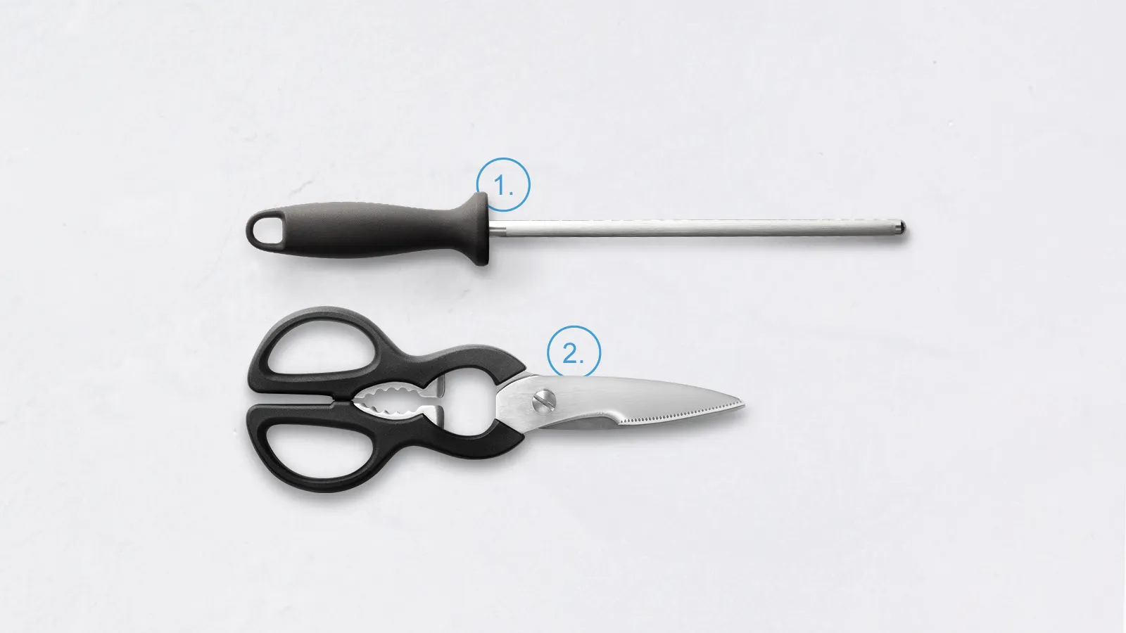 Knife Sharpening Steel and scissors, basic tools for home and office tasks.