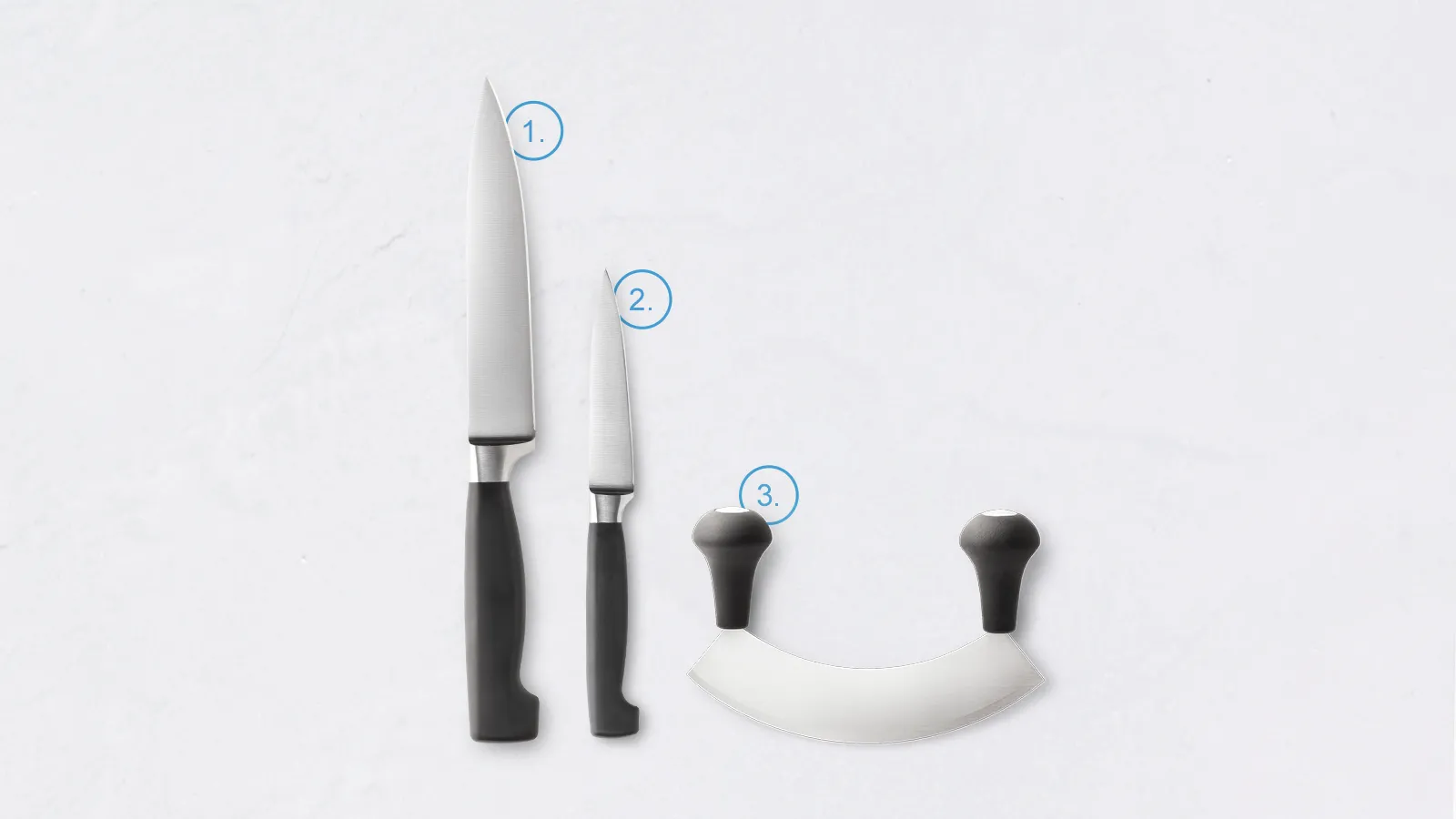 Kitchen knives and mortar with numbered labels.