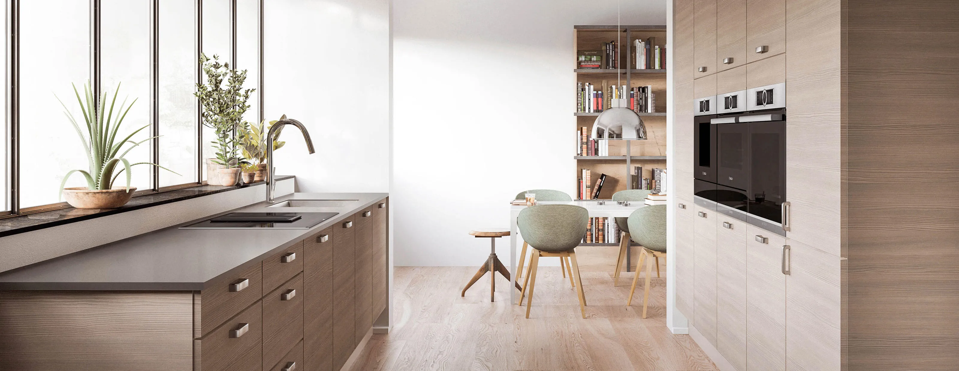 Moderne, helle Küche in Holzoptik mit einer Küchenzeile inklusive Spüle am Fenster und einer gegenüberliegenden Schrankwand mit integriertem Bosch Backofen.