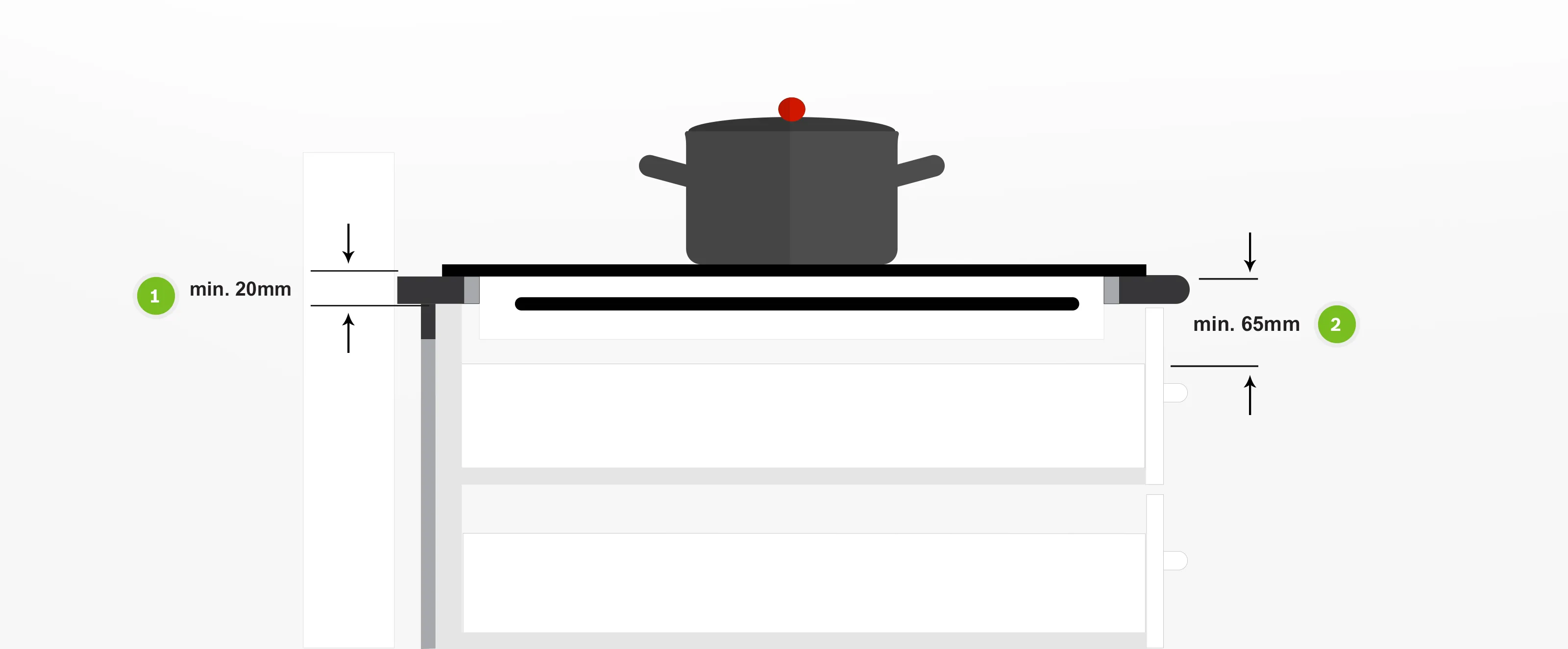 Cooking pot on a stove with minimum and maximum dimensions indicated in millimeters.