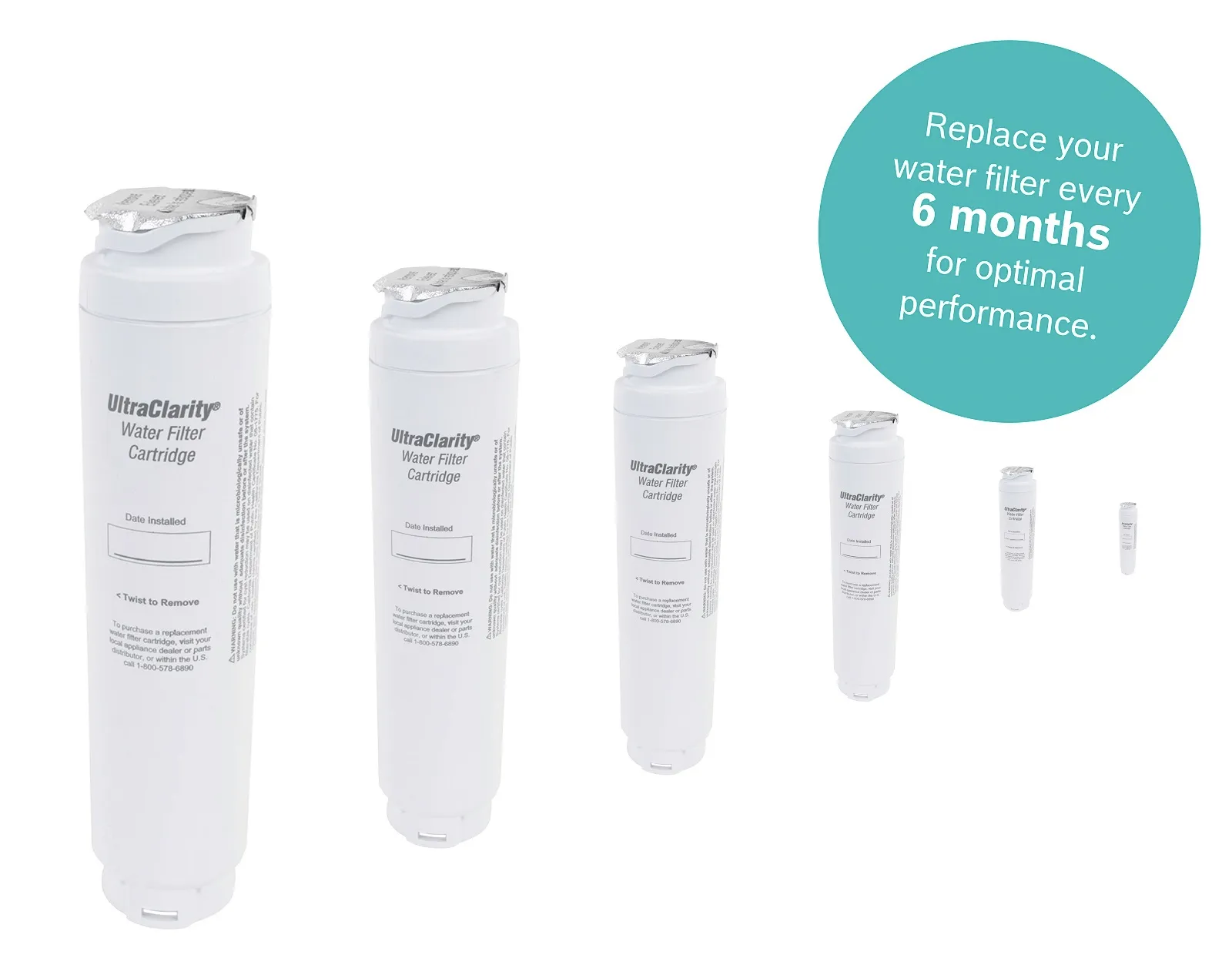 Set of Bosch water filter cartridges with a reminder to replace every 6 months for best performance.