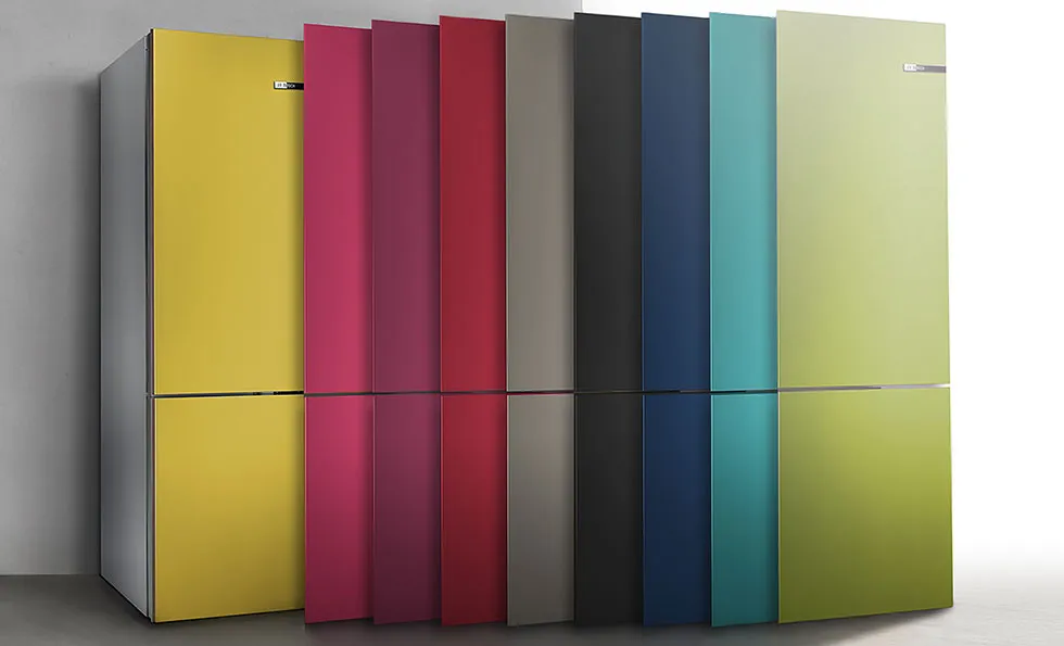 Array of colorful Bosch refrigerators.