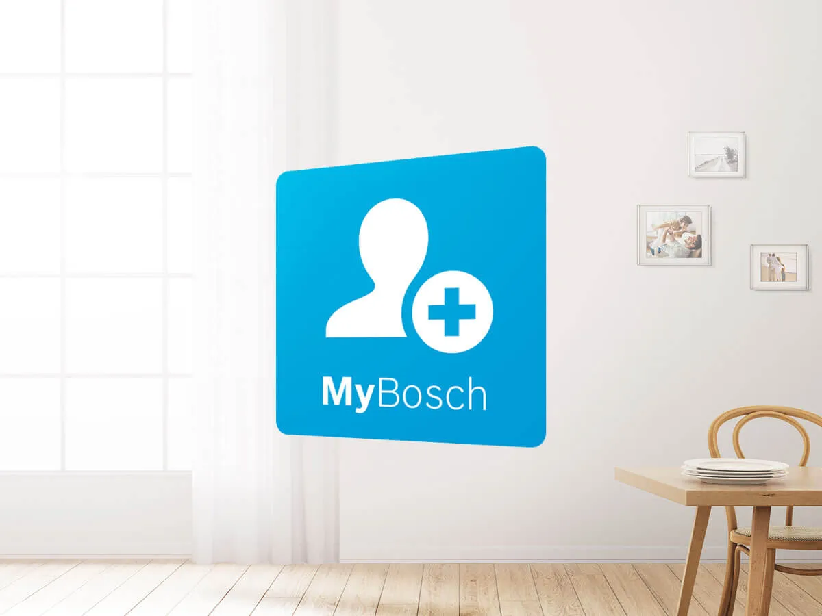 MyBosch felület logója látható egy ember alakkal és egy plusz jellel egy kék mezőben.