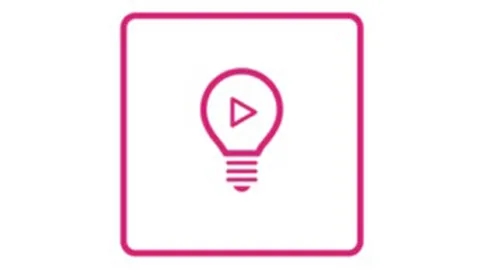 Icon of a light bulb with a play button inside, outlined in pink within a square border.