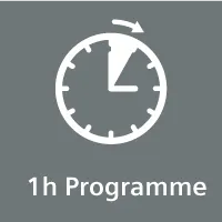 Clock icon with "1h Programme" text. Represents a one-hour program or duration.