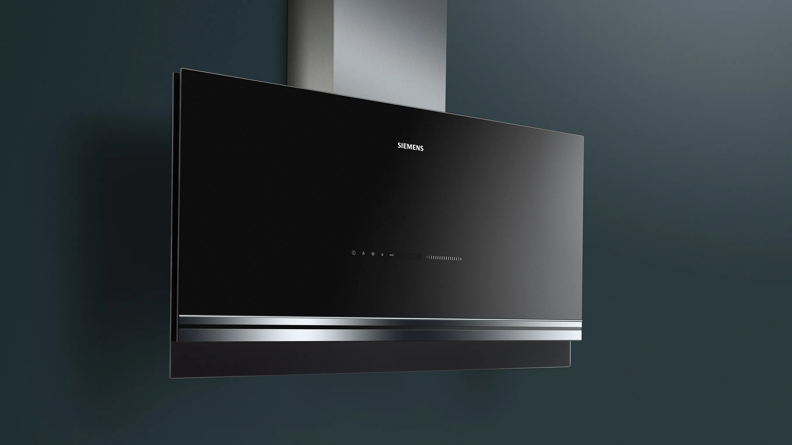 Black wall-mounted kitchen extractor fan with stainless steel trim.
