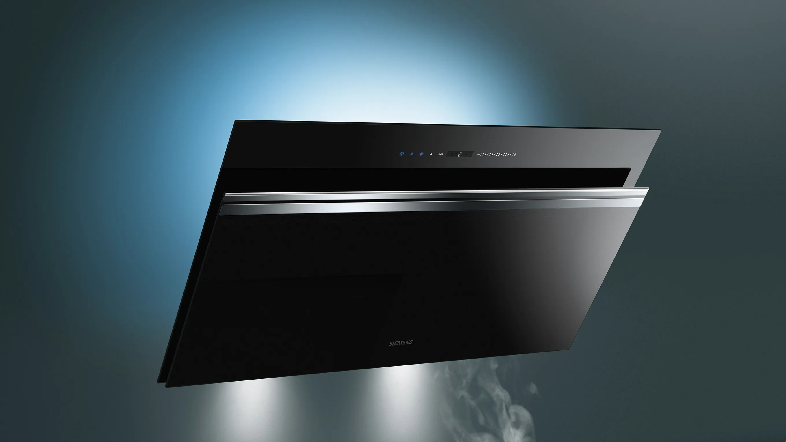 Black modern kitchen fan with LED lighting against blue background.