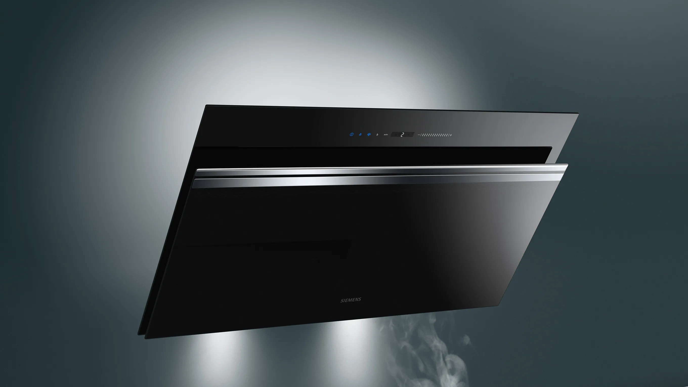 Black modern kitchen extractor fan with digital display.