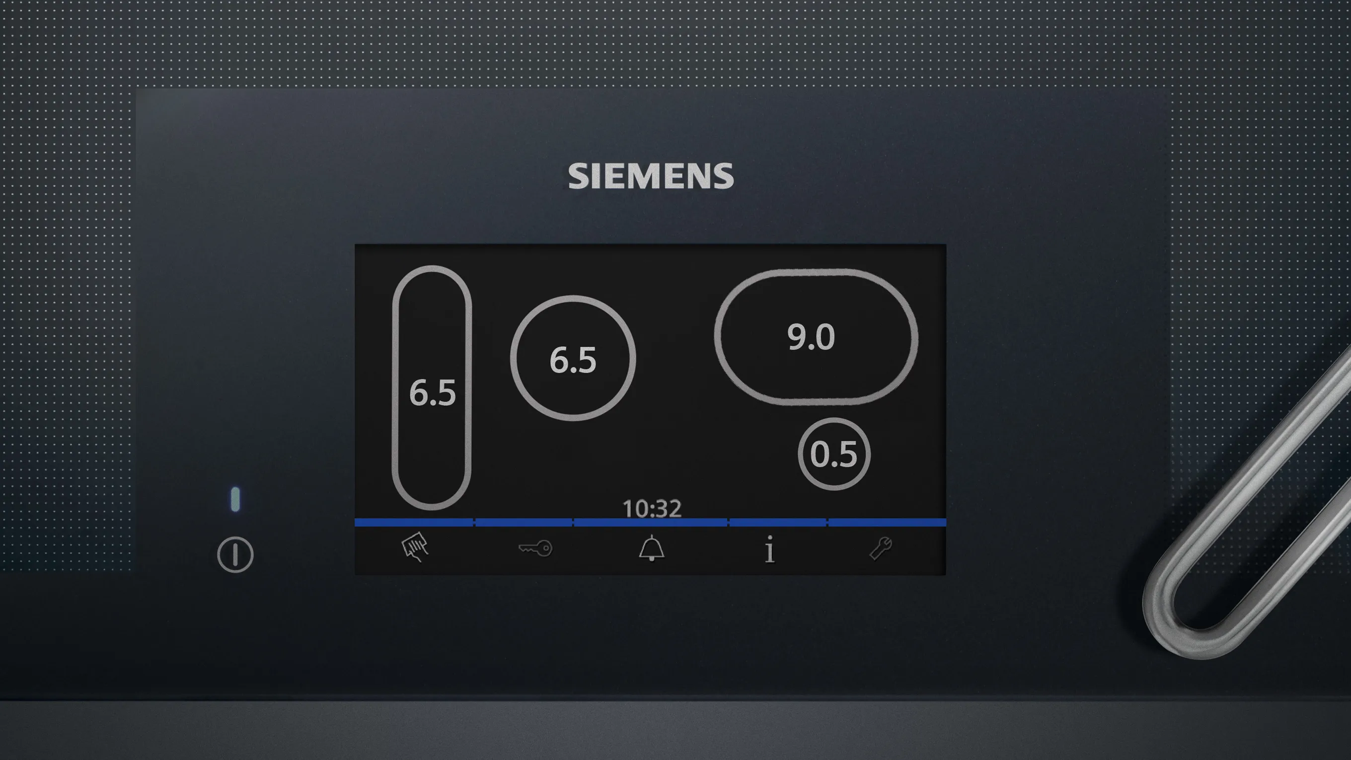 Siemens control panel display showing various measurements and settings.