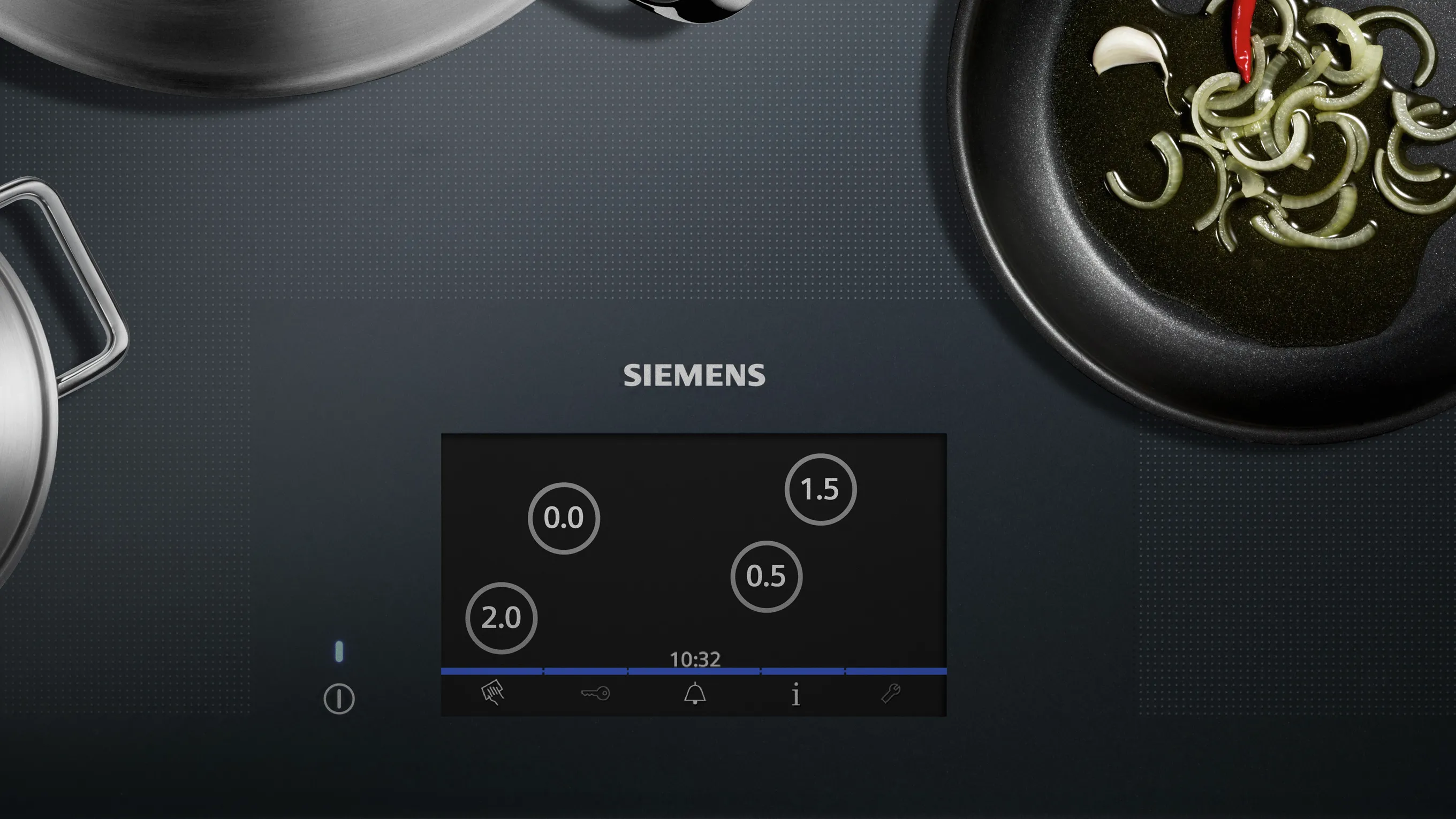 Siemens kitchen appliance control panel with digital display and cooking timer.