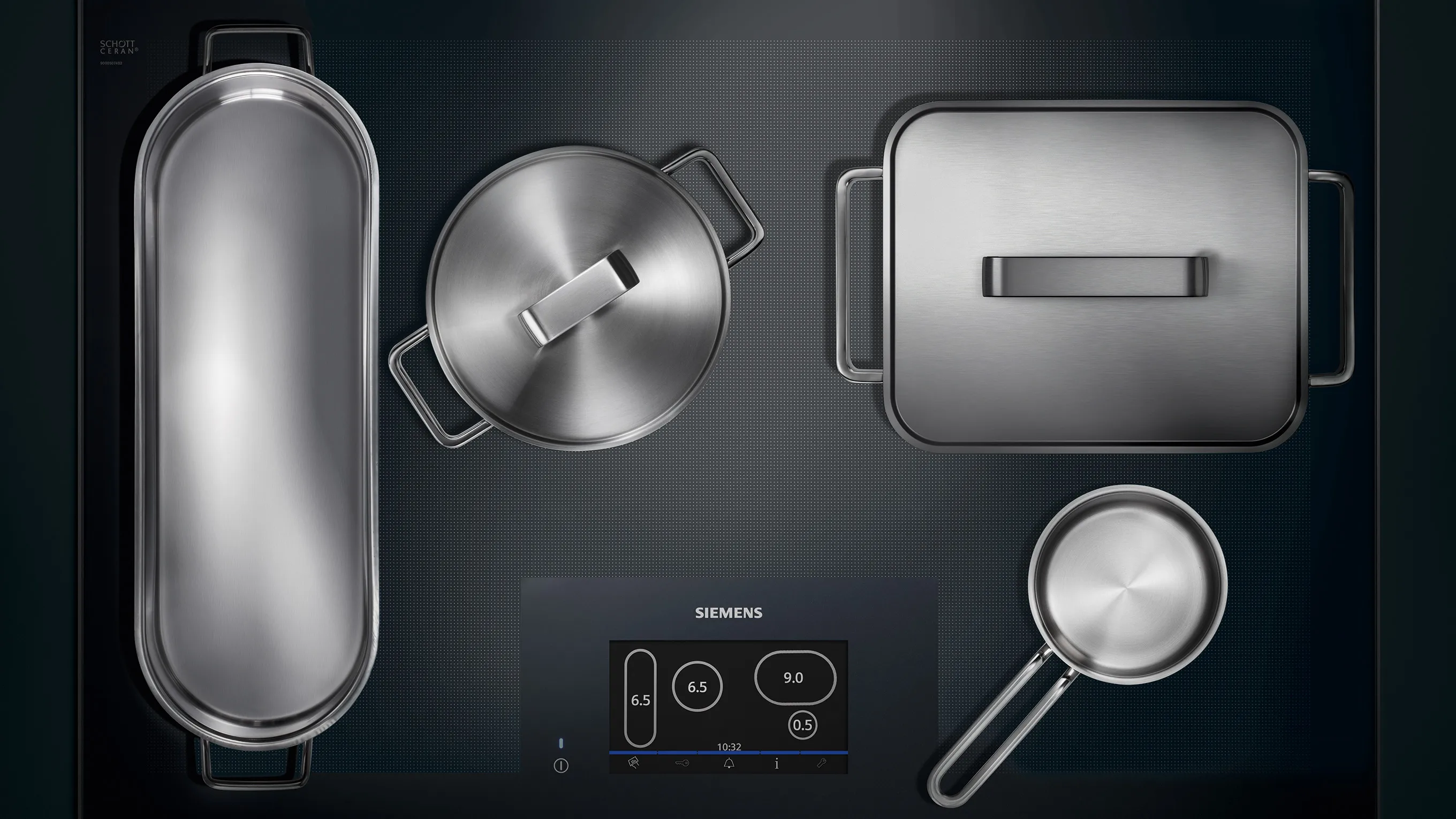 Stainless steel kitchen appliances and cookware on a dark background, including a pot, pan, and digital control panel.