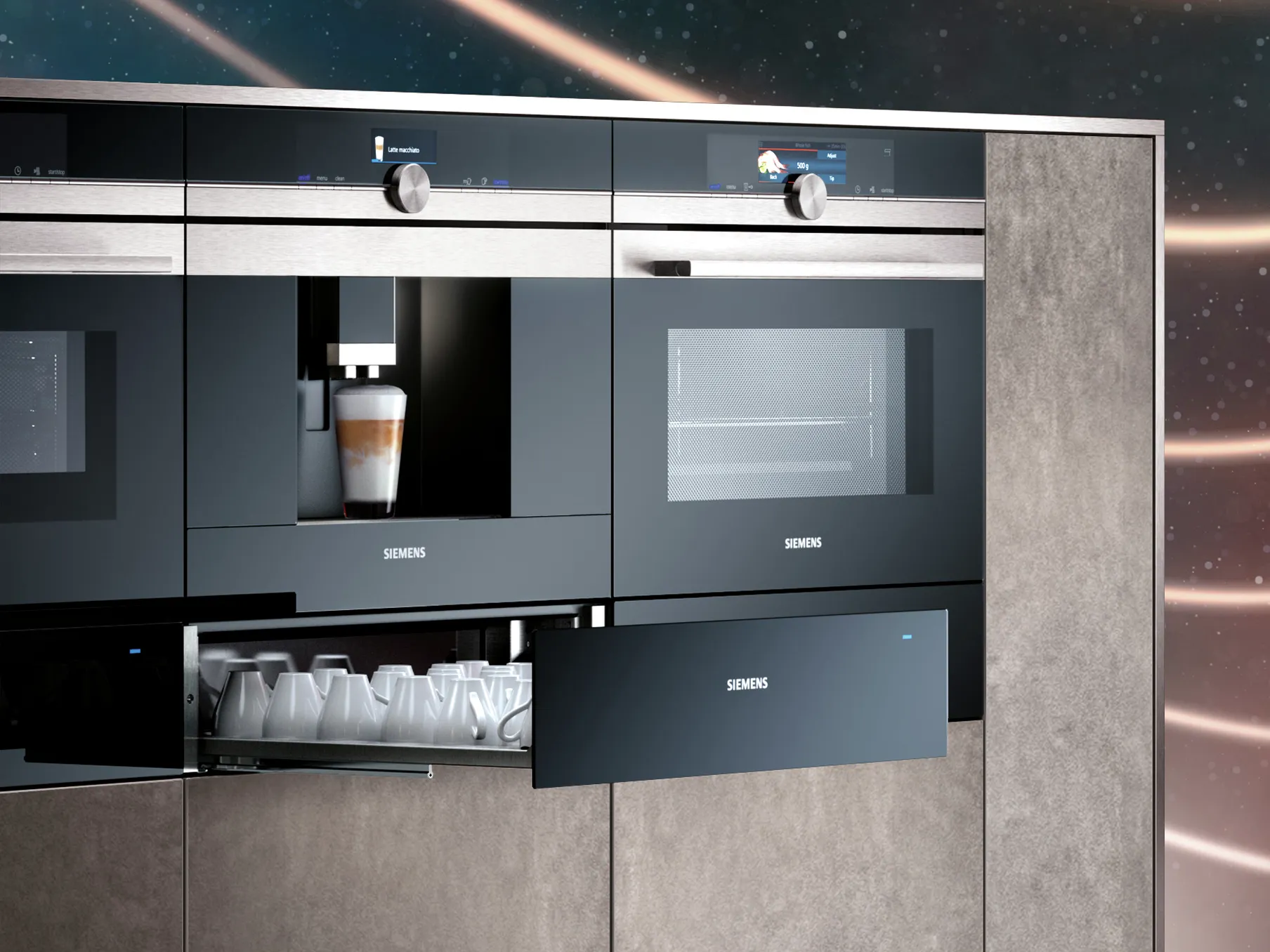 Modern kitchen appliances, built-in oven, coffee maker, drawers, sleek design, minimalist style.