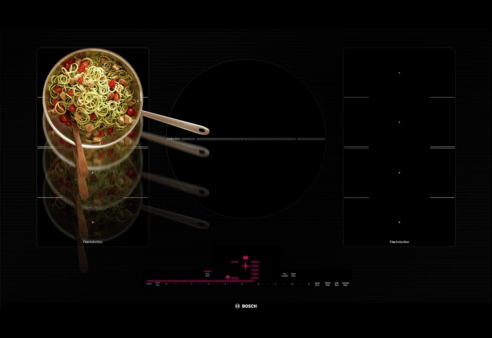 Bosch Benchmark induction cooktop with a pot of pasta and vegetables on the left heating zone.