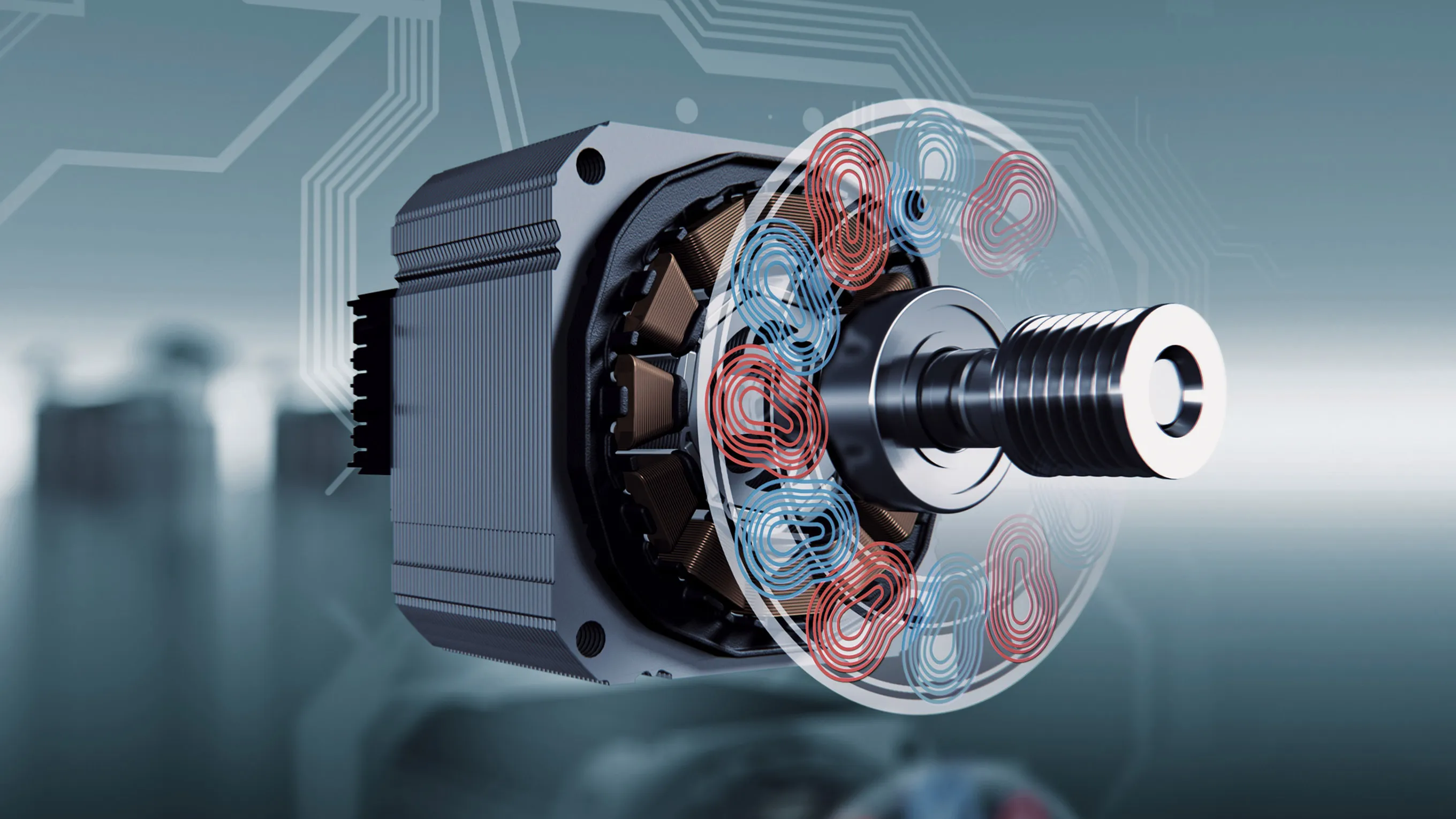 Schnittansicht eines High-Tech-Elektromotors mit komplizierten internen Komponenten und Schaltungen.