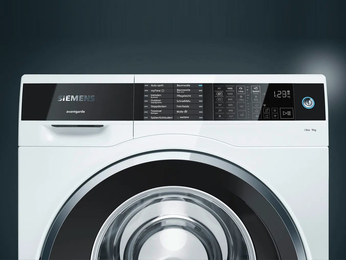 Lavatrice a carica anteriore, marca Siemens, pannello di controllo con varie impostazioni e indicatori.