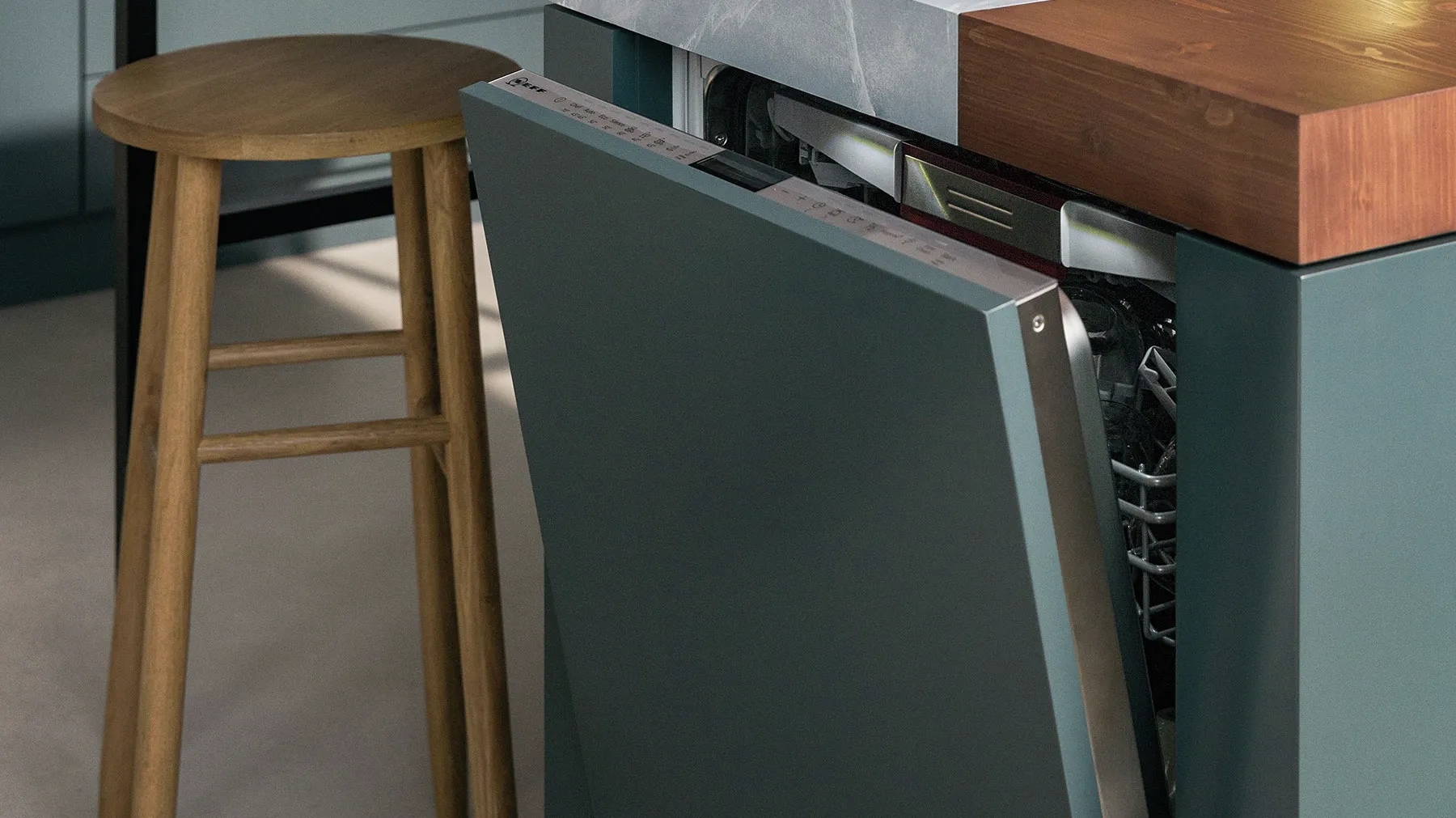 Tabouret en bois, unité de divertissement moderne avec compartiment ouvert, design minimaliste.