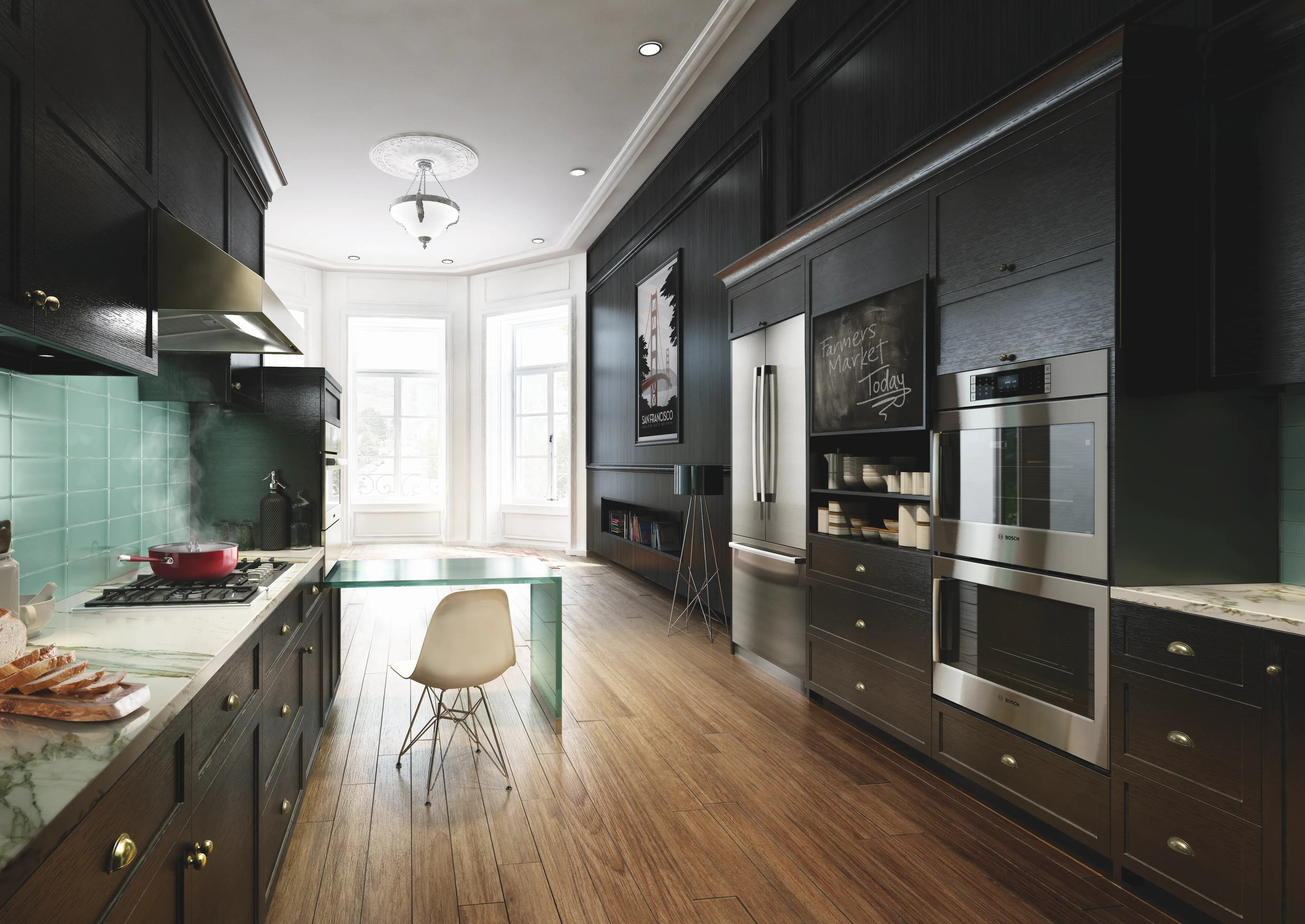 Modern kitchen with dark cabinets, Bosch stainless steel appliances, and a green tile backsplash.