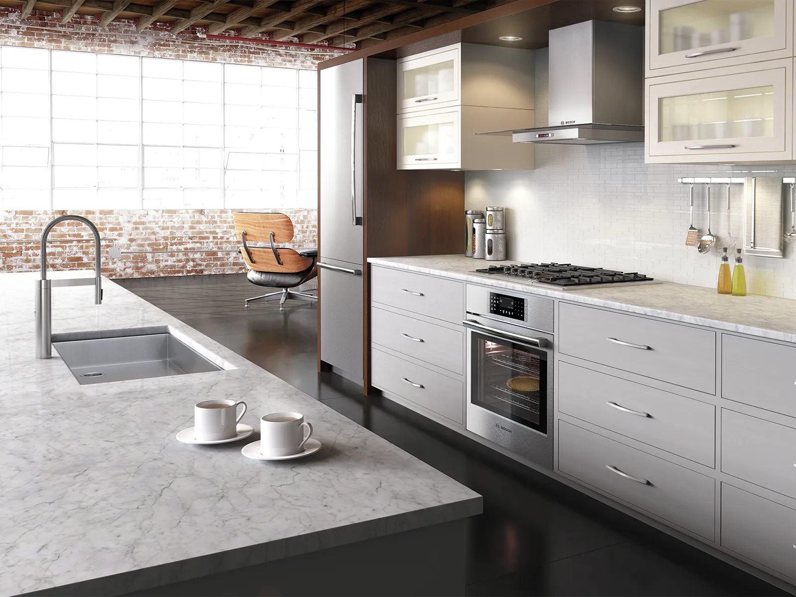 Modern kitchen with marble countertops, Bosch stainless steel appliances, and large windows.