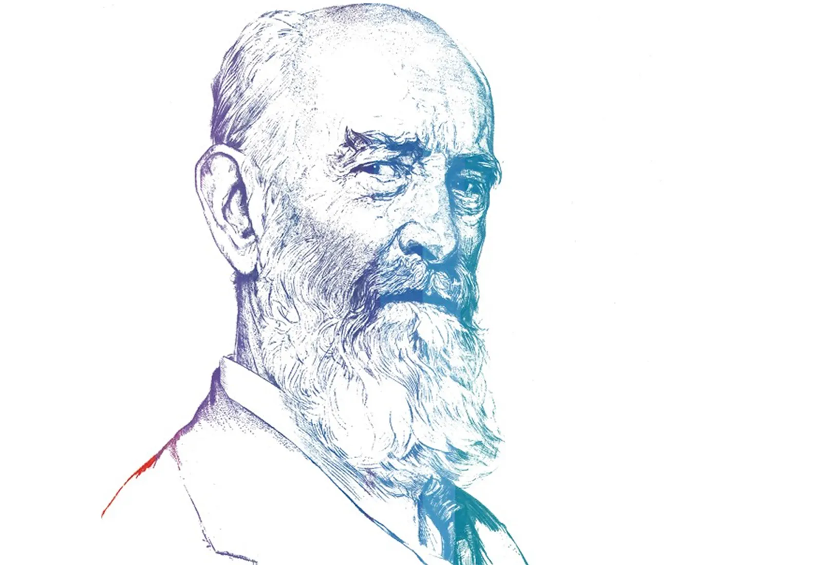 Detailed portrait of Robert Bosch with a long beard, wearing a red tie and looking directly at the viewer.