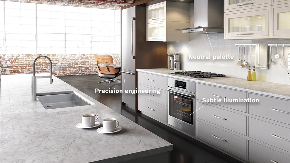 Modern kitchen with marble island, neutral tones, and Bosch stainless steel appliances.