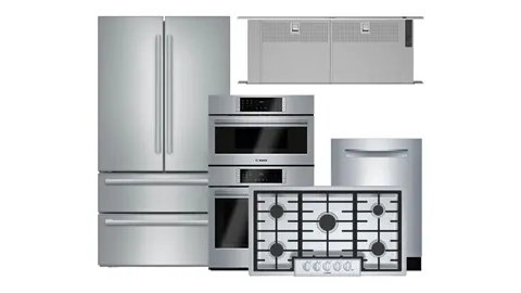 Stainless steel kitchen appliances including refrigerator, oven, cooktop, and range hood.