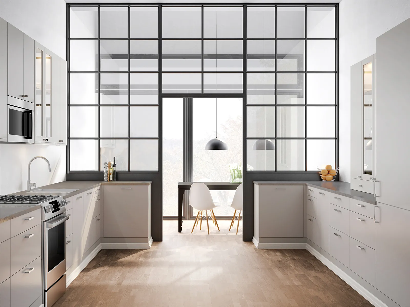 Modern kitchen with Bosch stainless steel appliances, large windows, and a dining area.