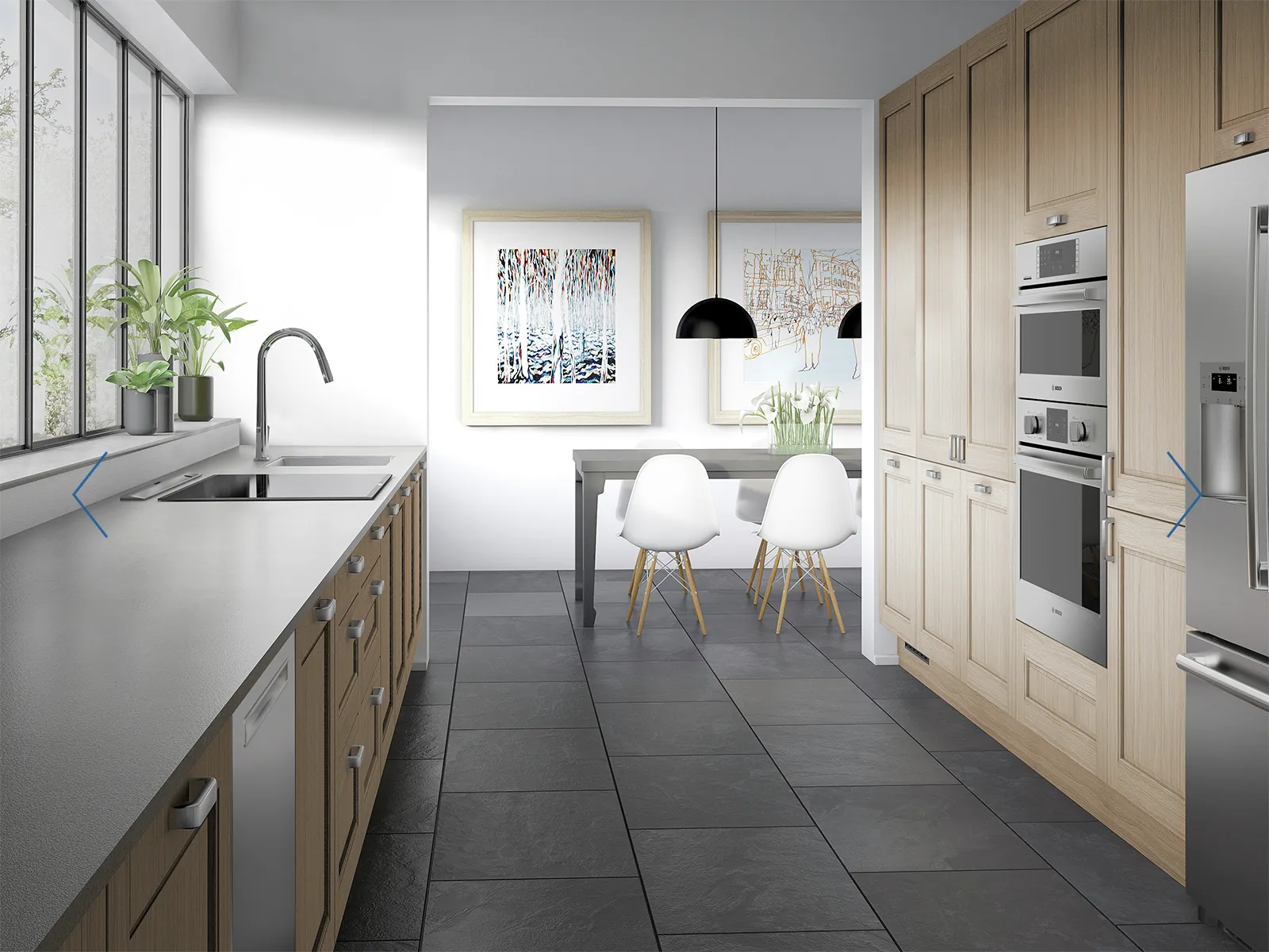 Modern kitchen with wooden cabinets, Bosch stainless steel appliances, and a dining area with chairs.