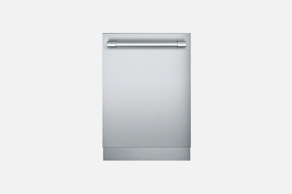 alt-Stainless steel dishwasher with sleek, minimalist design and handle.
