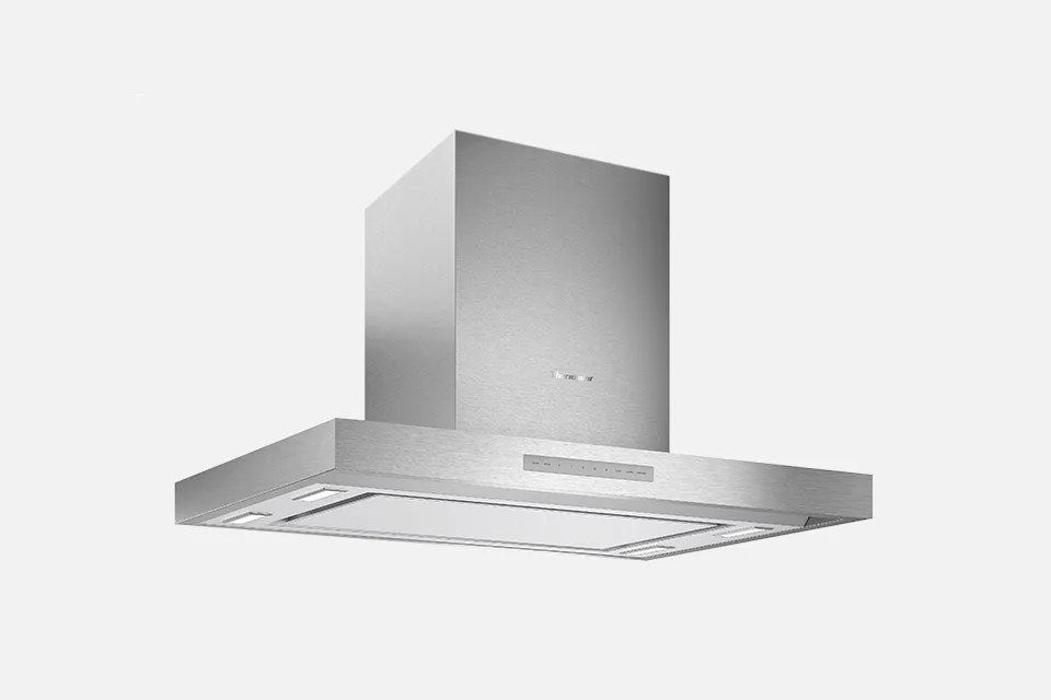 alt-Stainless steel kitchen range hood with rectangular shape and flat surface.