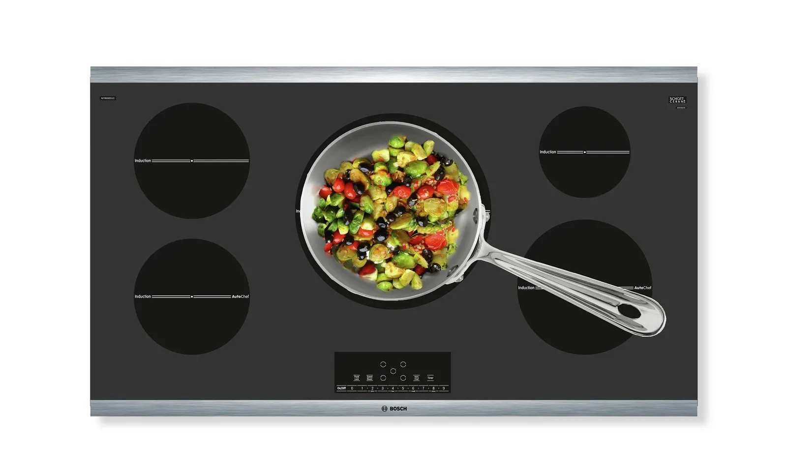 Bosch Induction stove with five burners with pan cooking vegetables in the middle burner