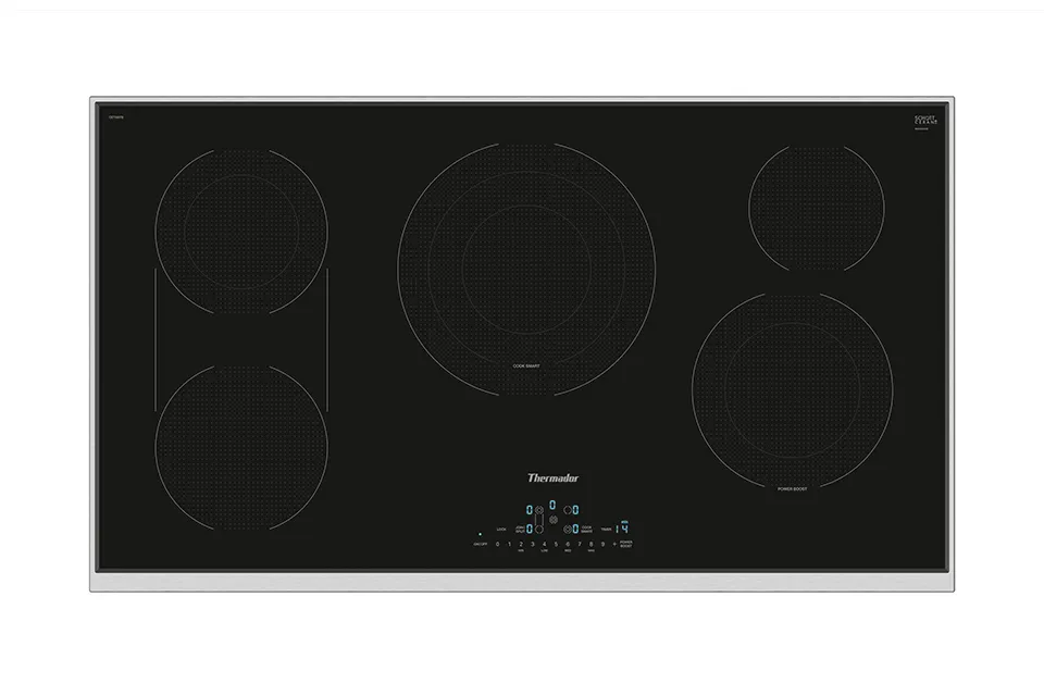 alt-Black electric cooktop with five circular cooking zones and digital controls.