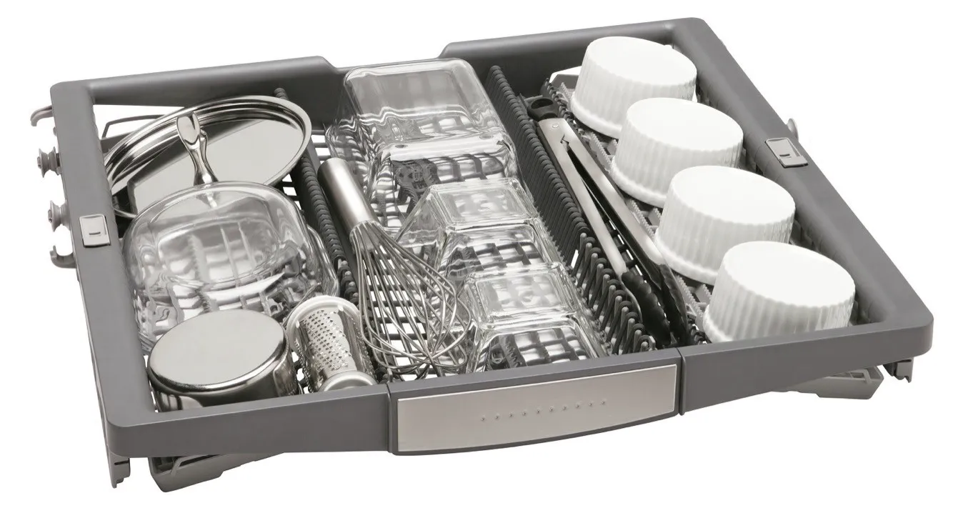 Bosch Dishwasher cutlery tray with various utensils and small dishes neatly arranged.