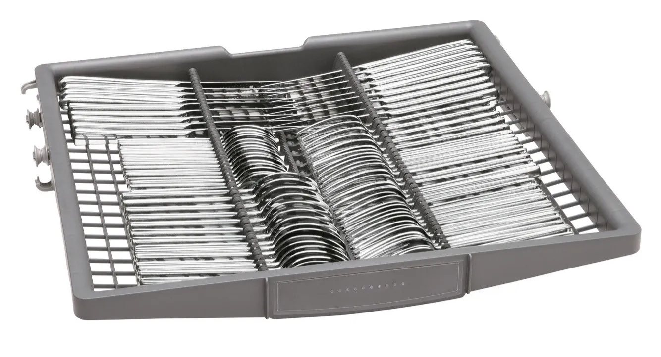 Bosch Dishwasher cutlery tray with neatly arranged silverware and a gray plastic frame.