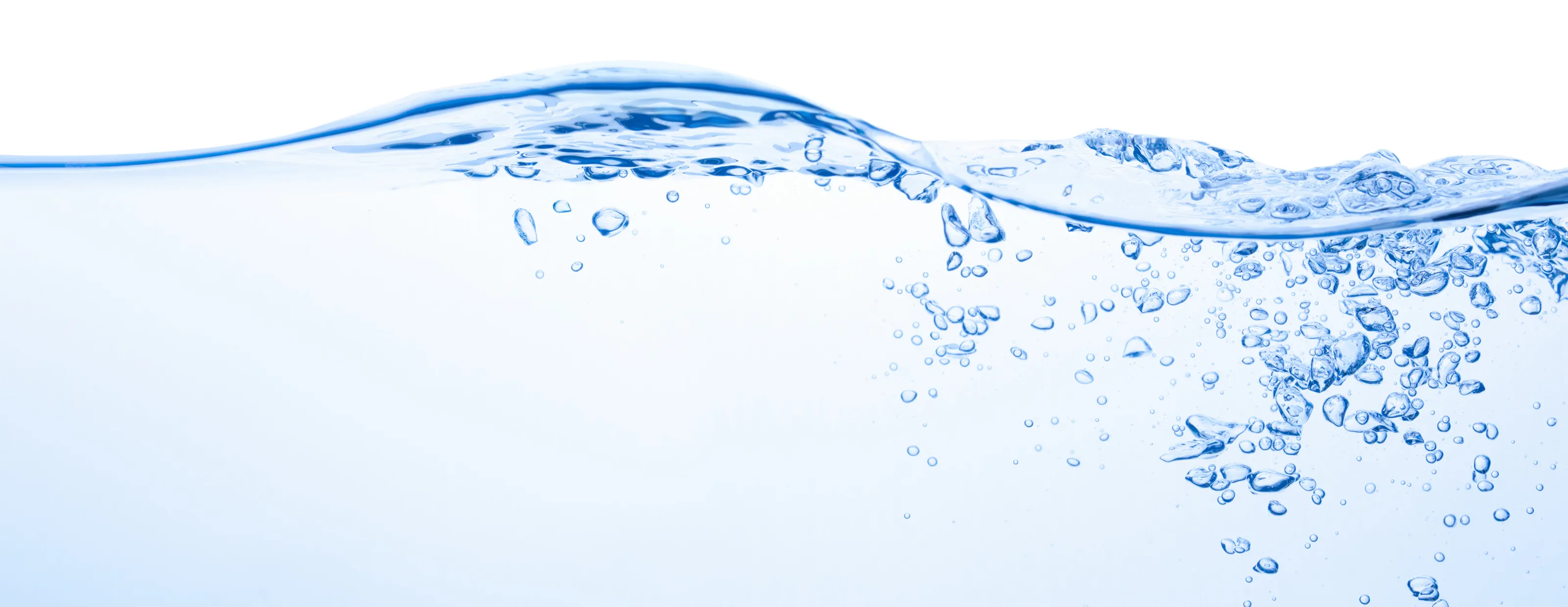 Close-up of clear water with bubbles rising, against a white background.