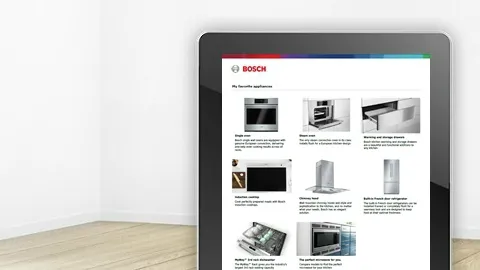 Tablet displaying Bosch appliances, including oven and dishwasher, in a bright room.