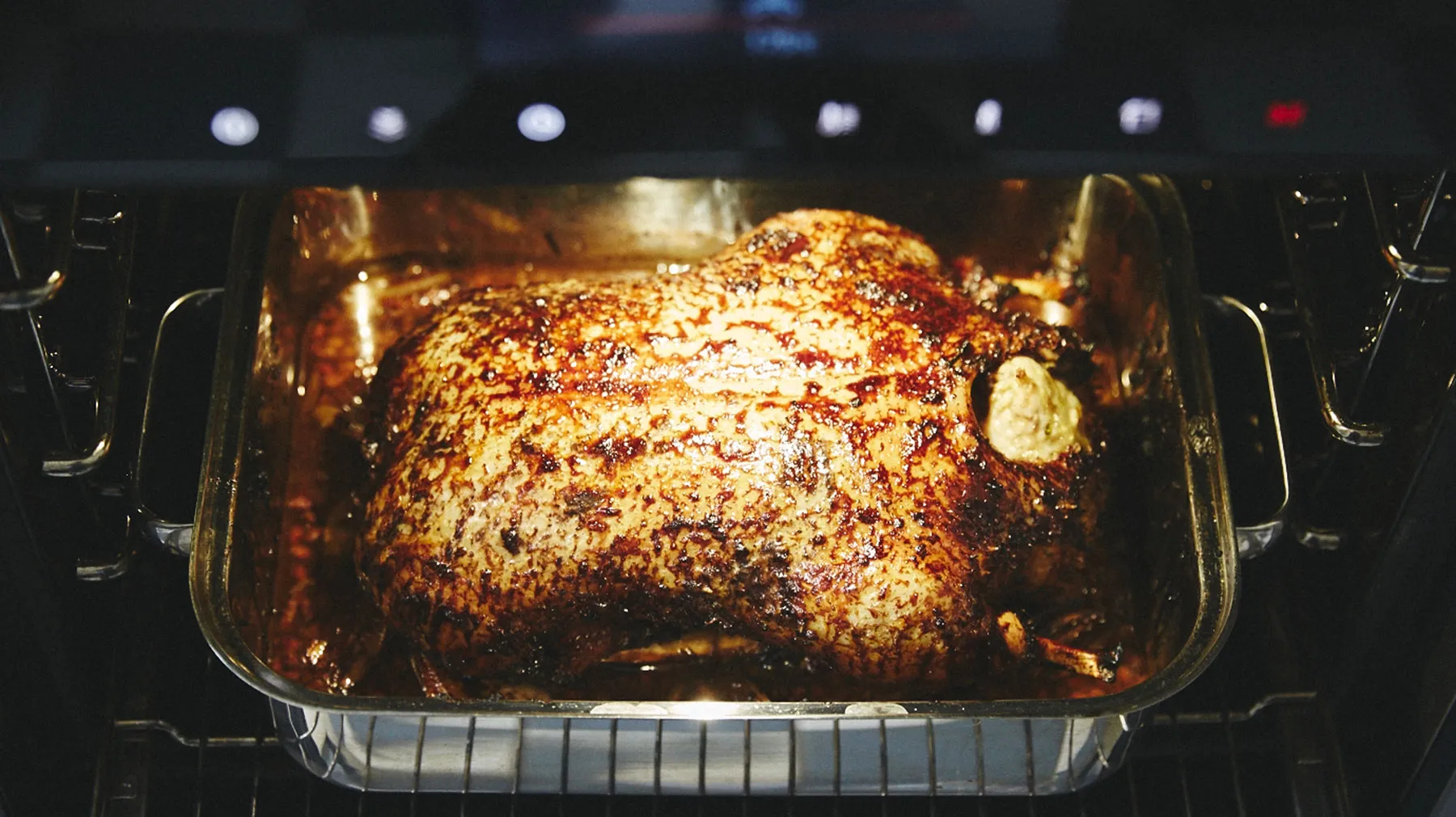Roasted turkey in oven, golden-brown skin, ready for Thanksgiving or holiday meal.