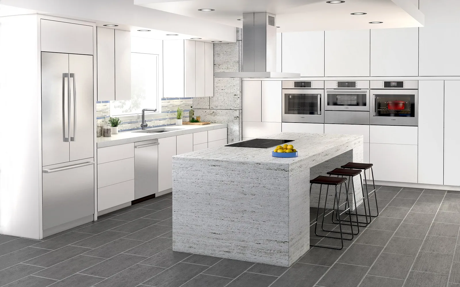 Bosch Built in Bottom freezer refrigerator inside a Modern, sleek kitchen with white cabinets, granite countertops, Bosch stainless steel appliances, and a central island.