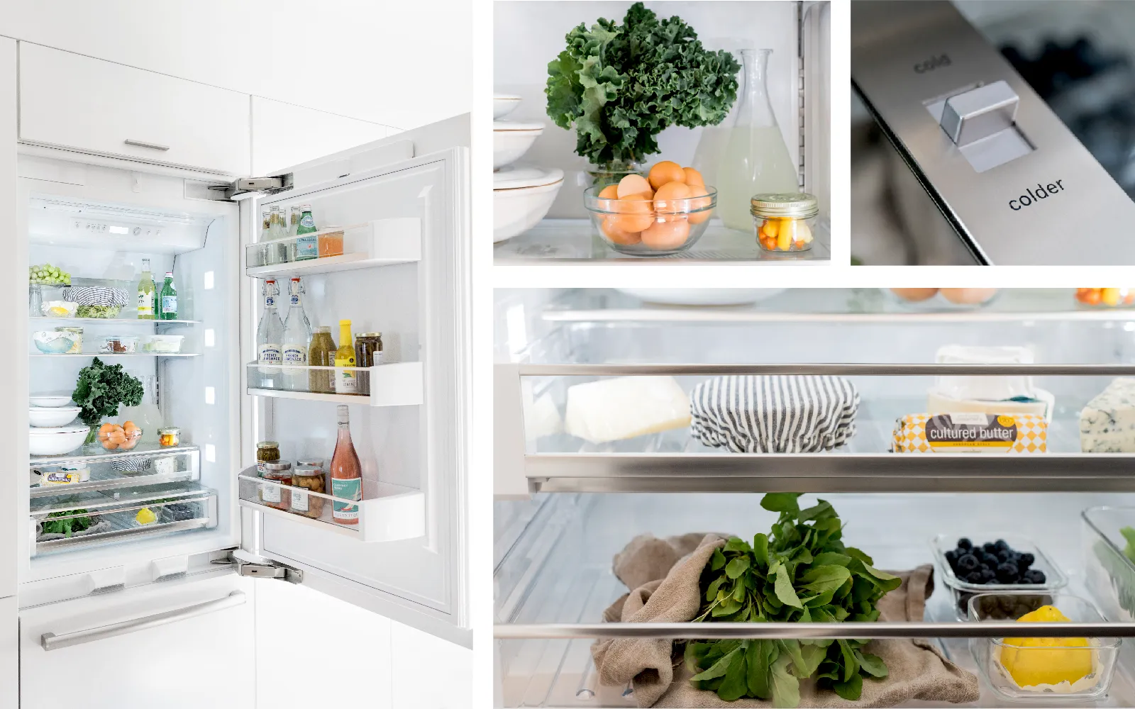 Open Bosch white panel-ready fridge filled with assorted produce, beverages, and dairy items on shelves and door.