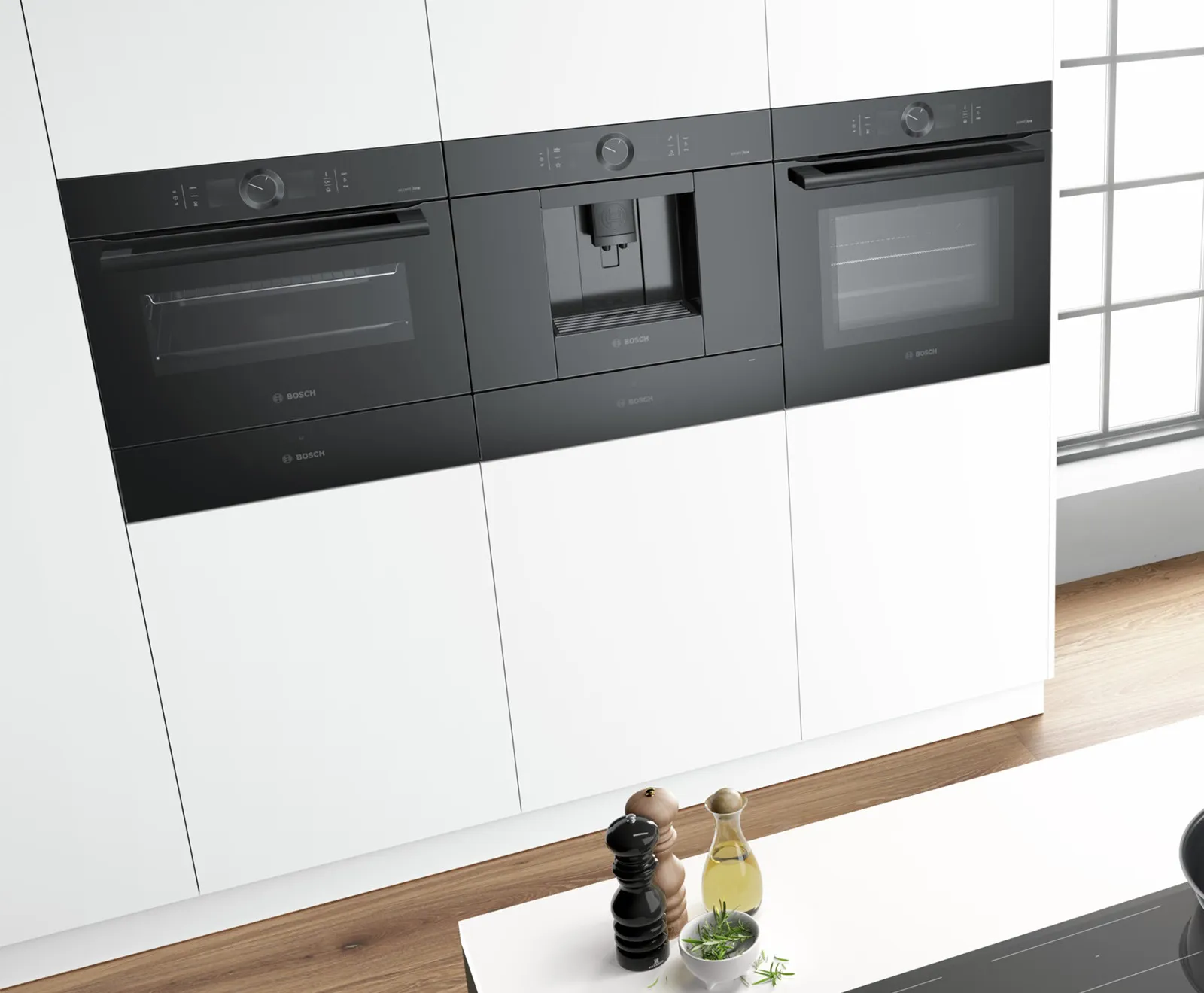 Popolnoma avtomatski aparat za kavo, grelni predal in kompaktna pečica Bosch accent line.