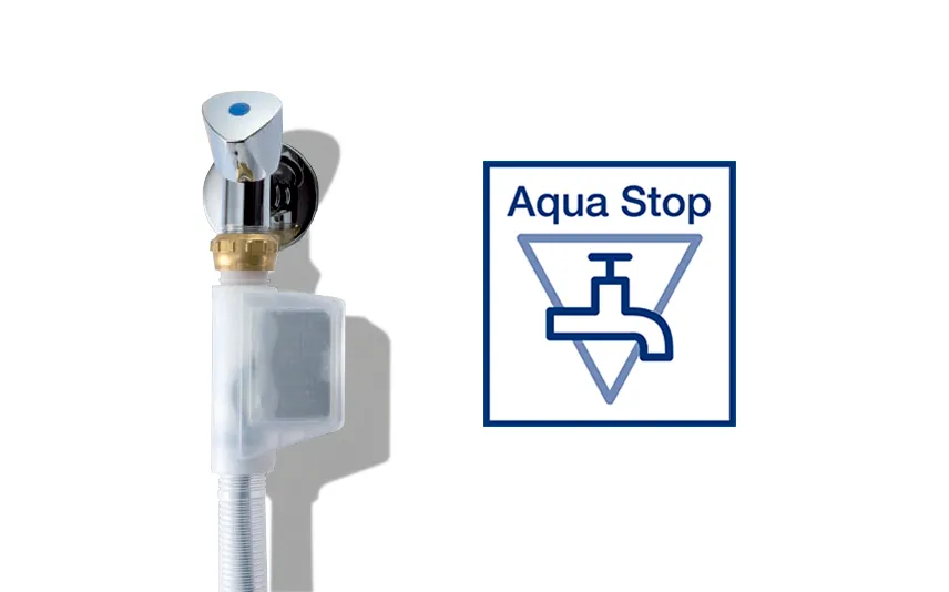 Ein Wasserhahn mit AquaStop-System. Das Symbol für AquaStop ist daneben abgebildet.