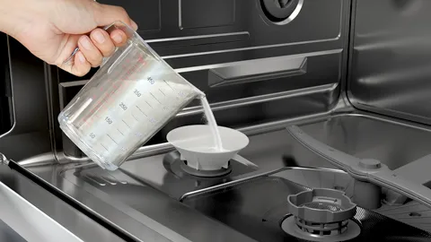 Pouring water into a measuring cup on a stove top.