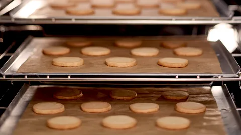 Baking trays with freshly baked cookies in Bosch oven.