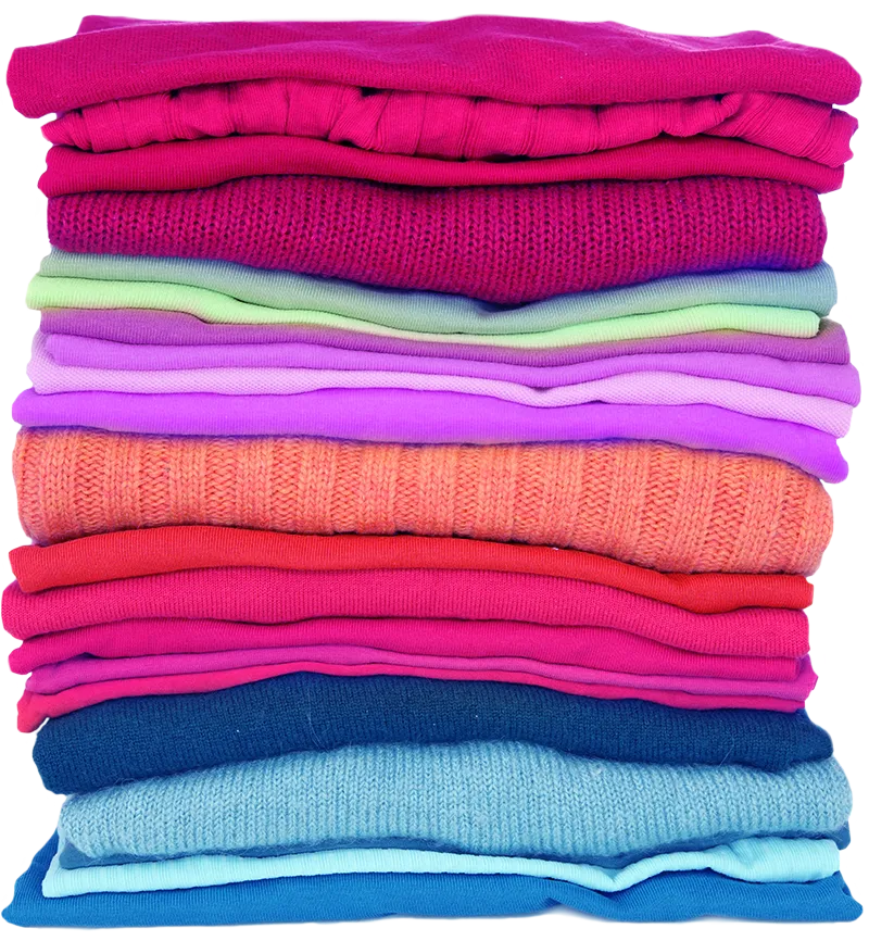 Stack of folded clothes in various colors including pink, purple, green, orange, red, blue, and light blue