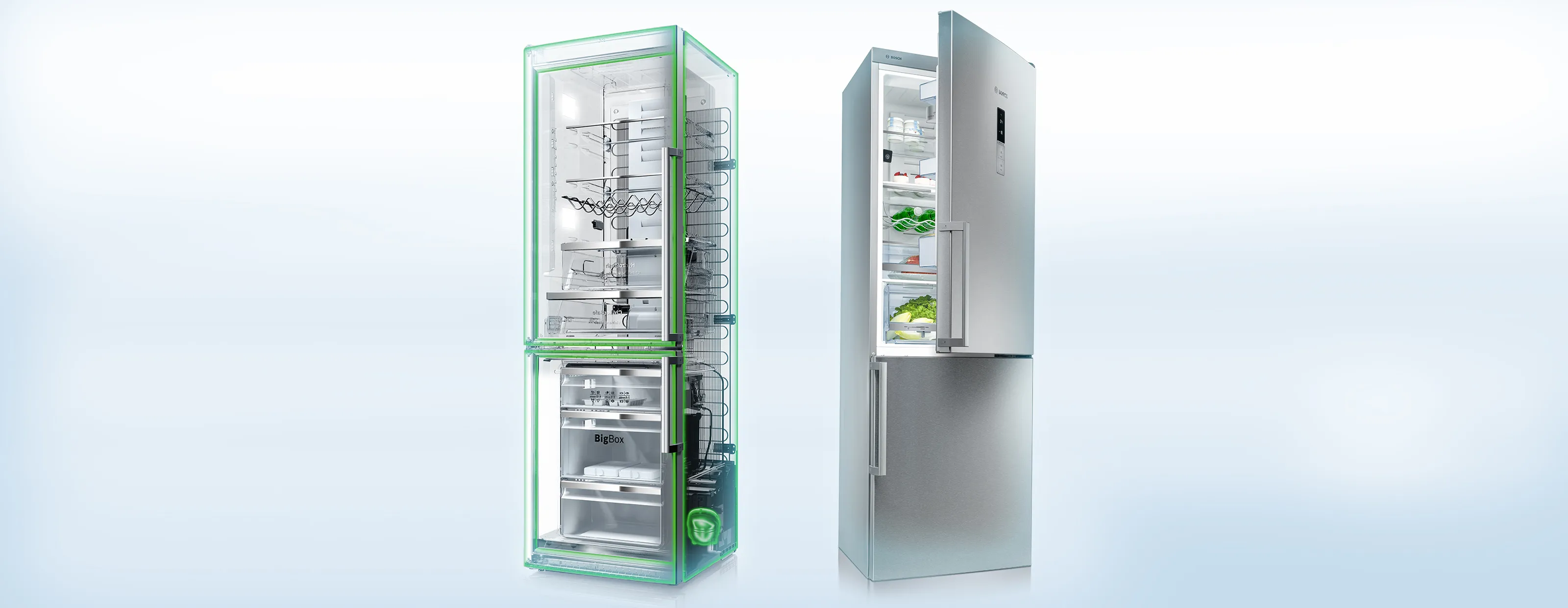 Bosch Freestanding Fridge Freezers with one showing all mechanical and electronic internal parts