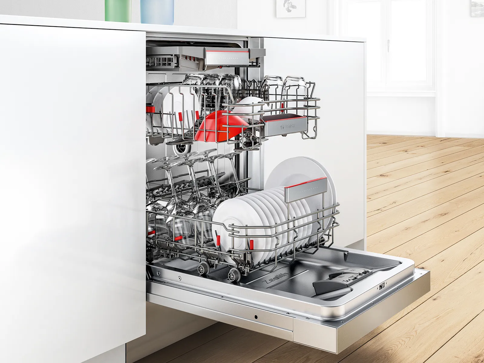 Fully loaded dishwasher with door open