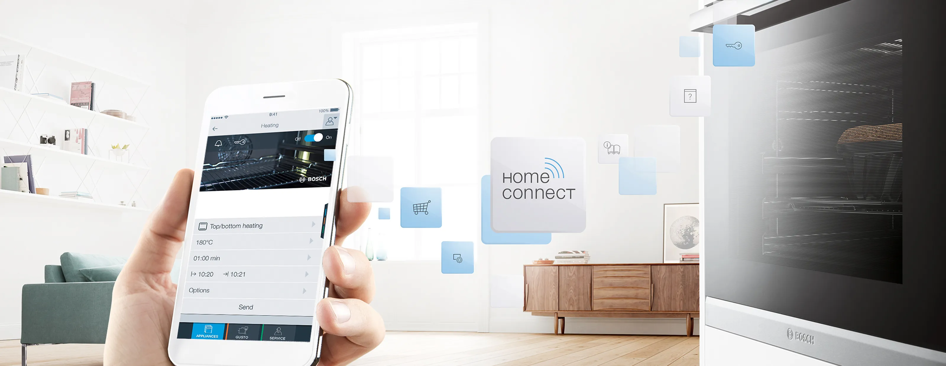 Person holding a phone using home connect app
