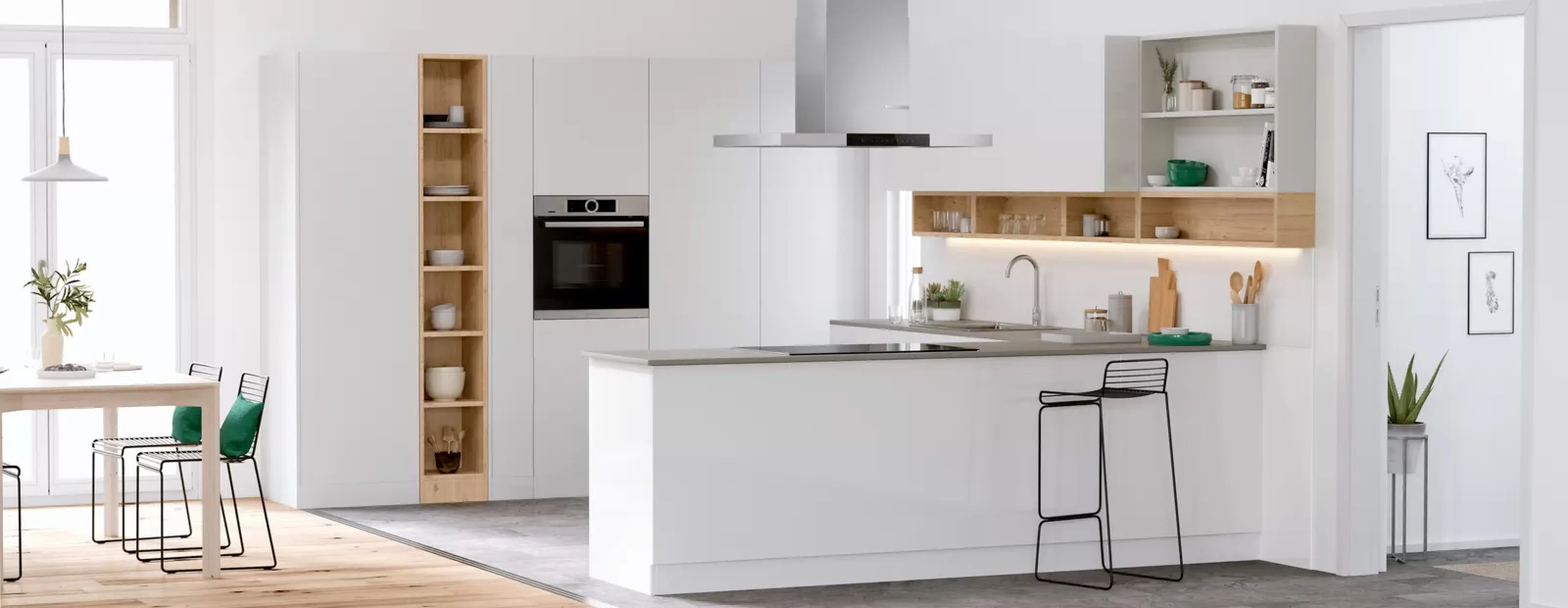 Bright, modern kitchen with white cabinets, wooden accents, and open shelving.