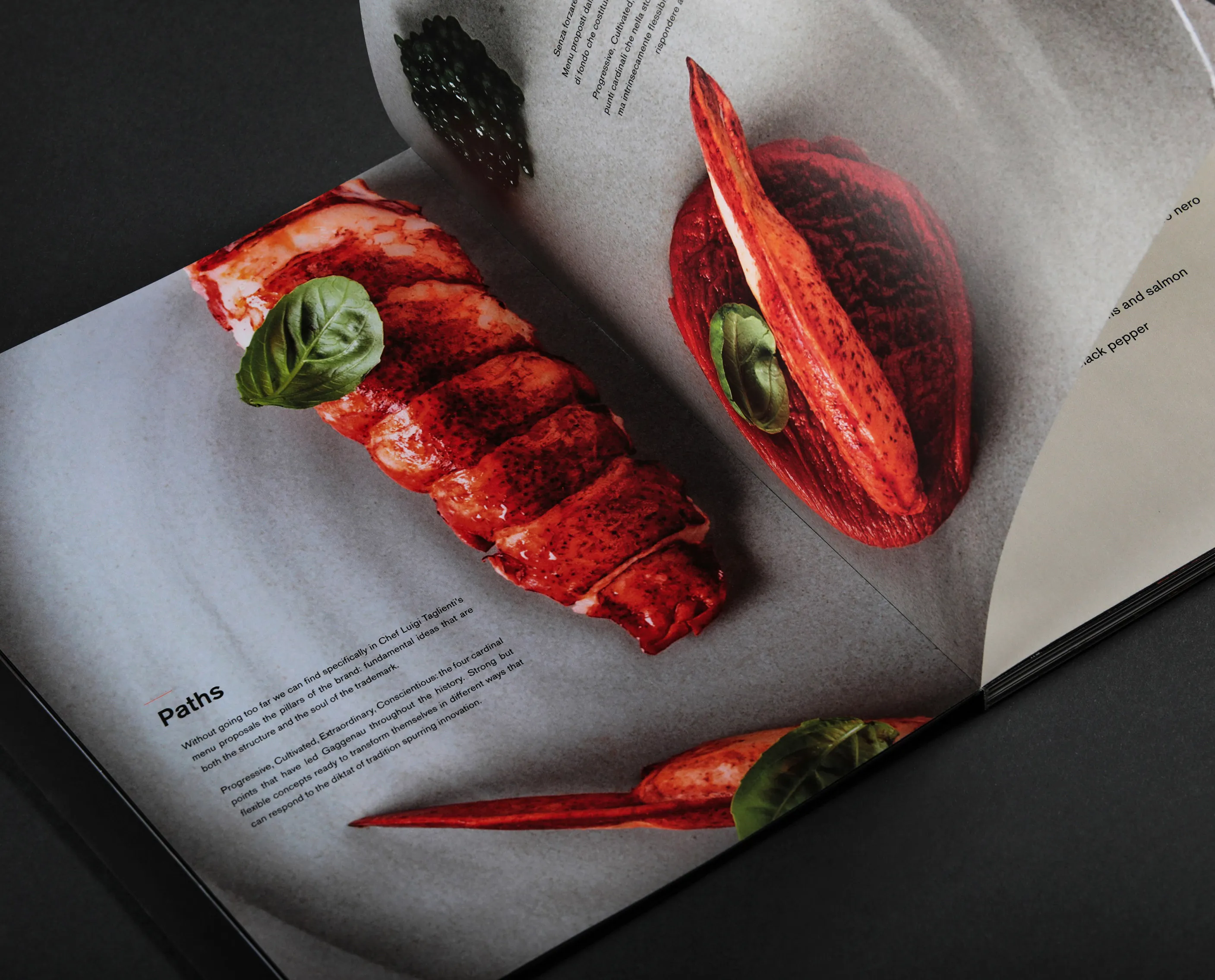 Libro di cucina aperto che mostra un'aragosta. 
