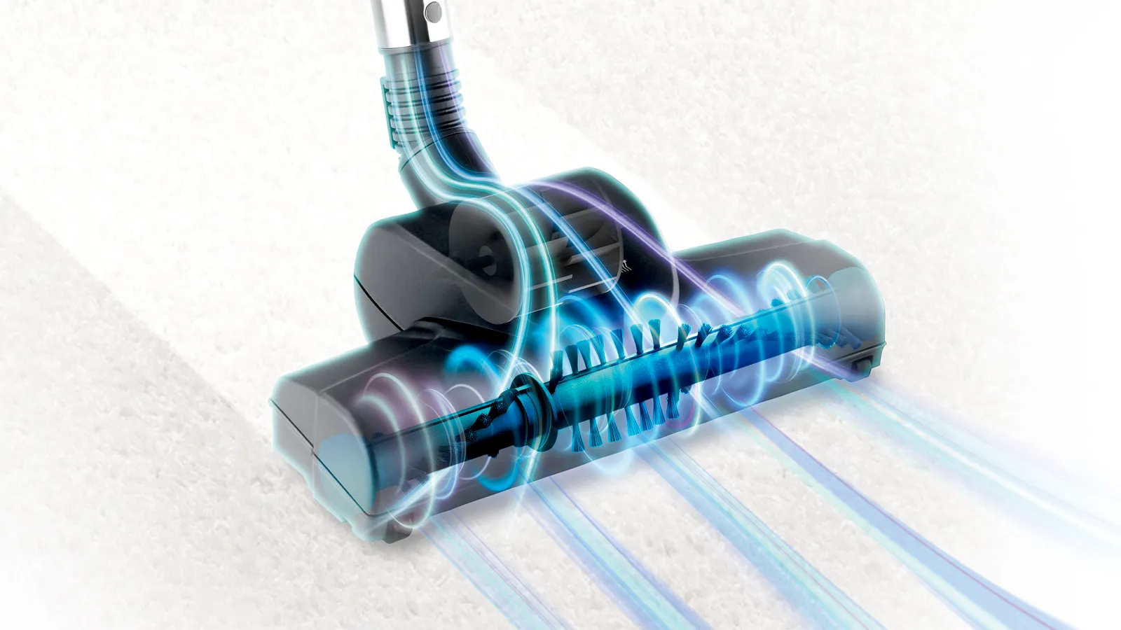 Aspirator cu linii de flux de energie colorate, reprezentând capacitățile sale puternice de aspirare și curățare.